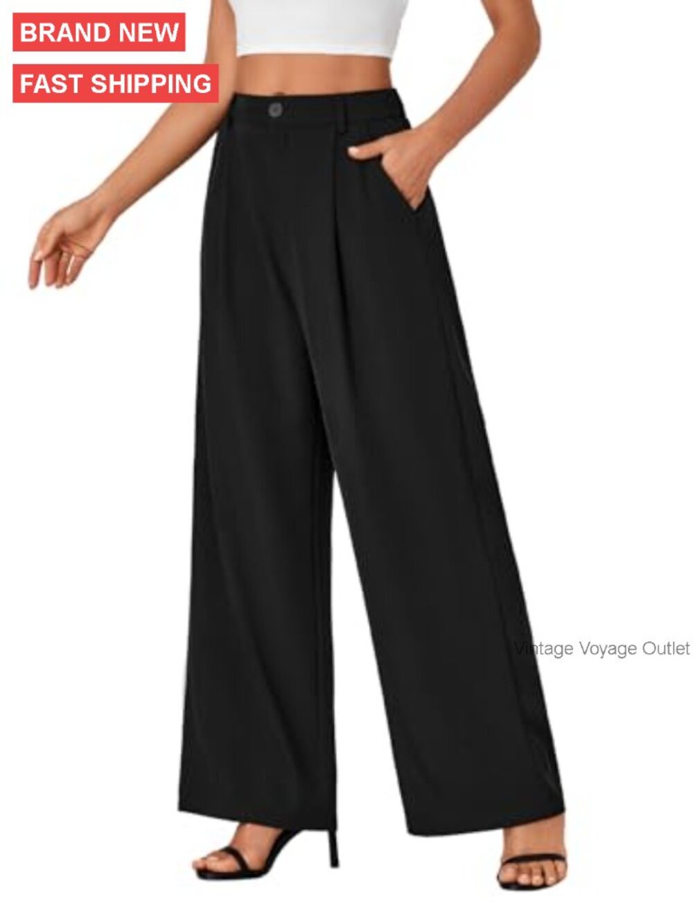 Wide Leg Work Pants High Waist Elastic Business Trousers Polyester Stretch - Picture 3 of 7